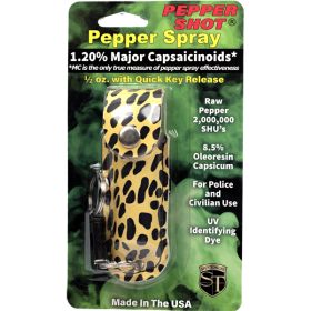 Pepper Shot 1.2% MC 1/2 oz pepper spray fashion leatherette holster and quick release keychain cheetah black/yellow