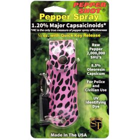 Pepper Shot 1.2% MC 1/2 oz pepper spray fashion leatherette holster and quick release keychain cheetah black/pink