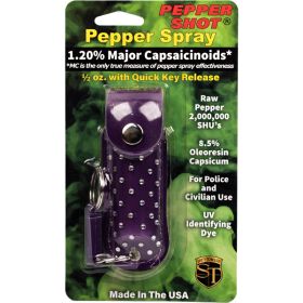 Pepper Shot 1.2% MC 1/2 oz rhinestone leatherette holster and quick release keychain purple