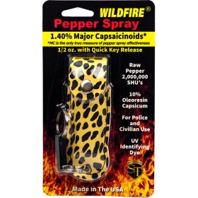 Wildfire 1.4% MC 1/2 oz pepper spray fashion leatherette holster and quick release keychain cheetah black/yellow